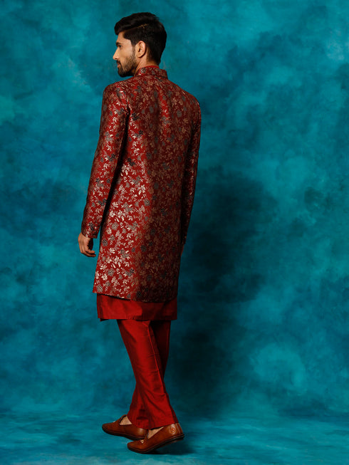 Vastramay Men's Red Jacquard Indo Western With Maroon Viscose Kurta Pant Set